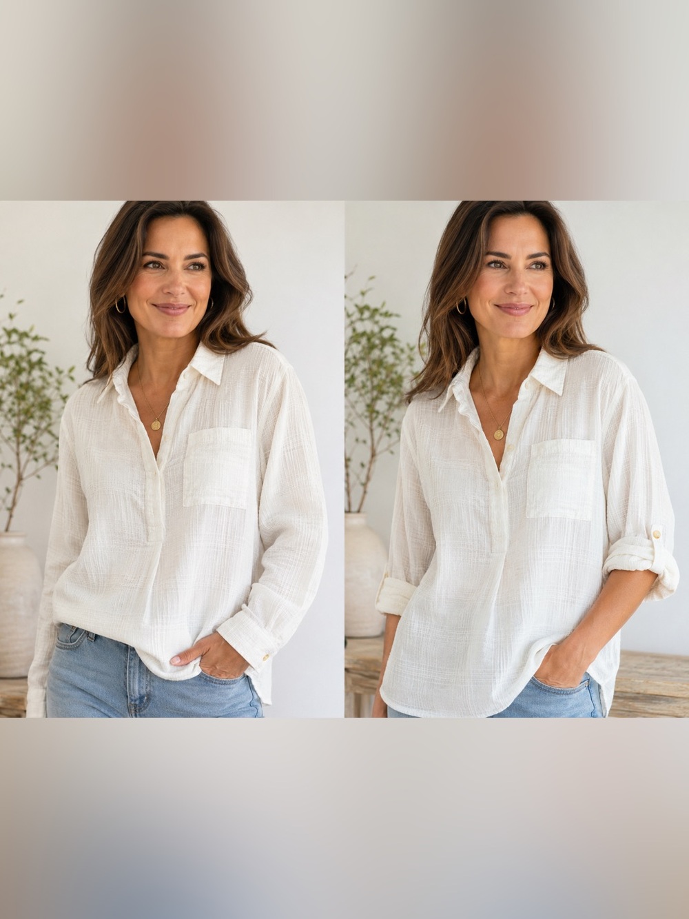 ADYSON PARKER Lightweight Cream Cotton Gauze Button-Front Women's Blouse Sz M
